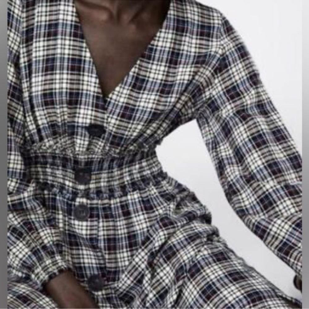 Zara Plaid Smocked Waist Midi Dress